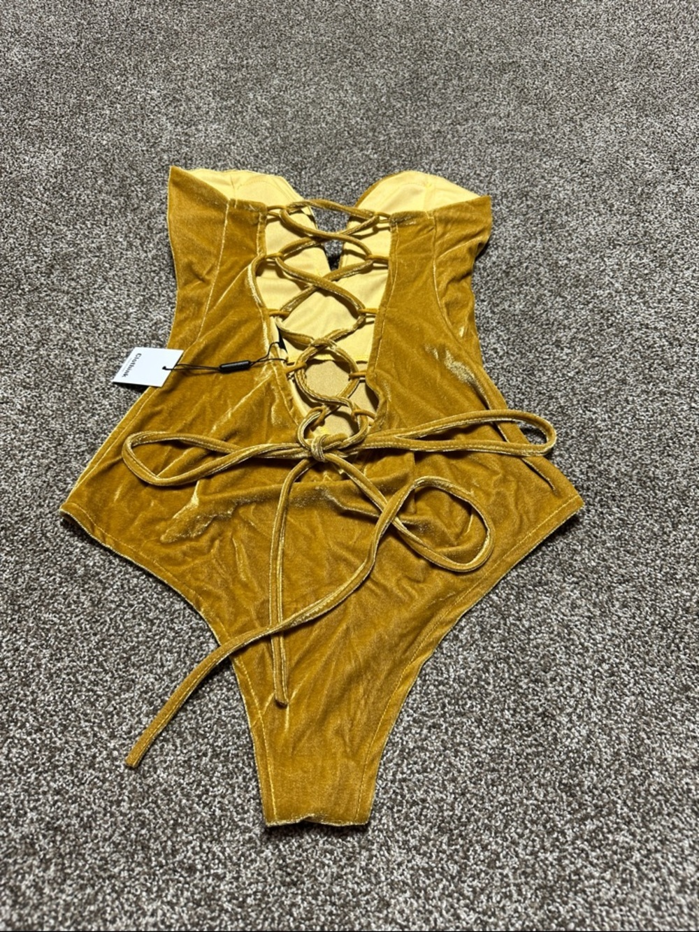 Velvet Lace-Up Strapless Bodysuit in Gold sweetheart neckline